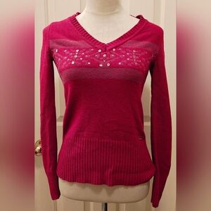 Vintage Guess Magenta V Neck Ribbed Sweater w Sequins.